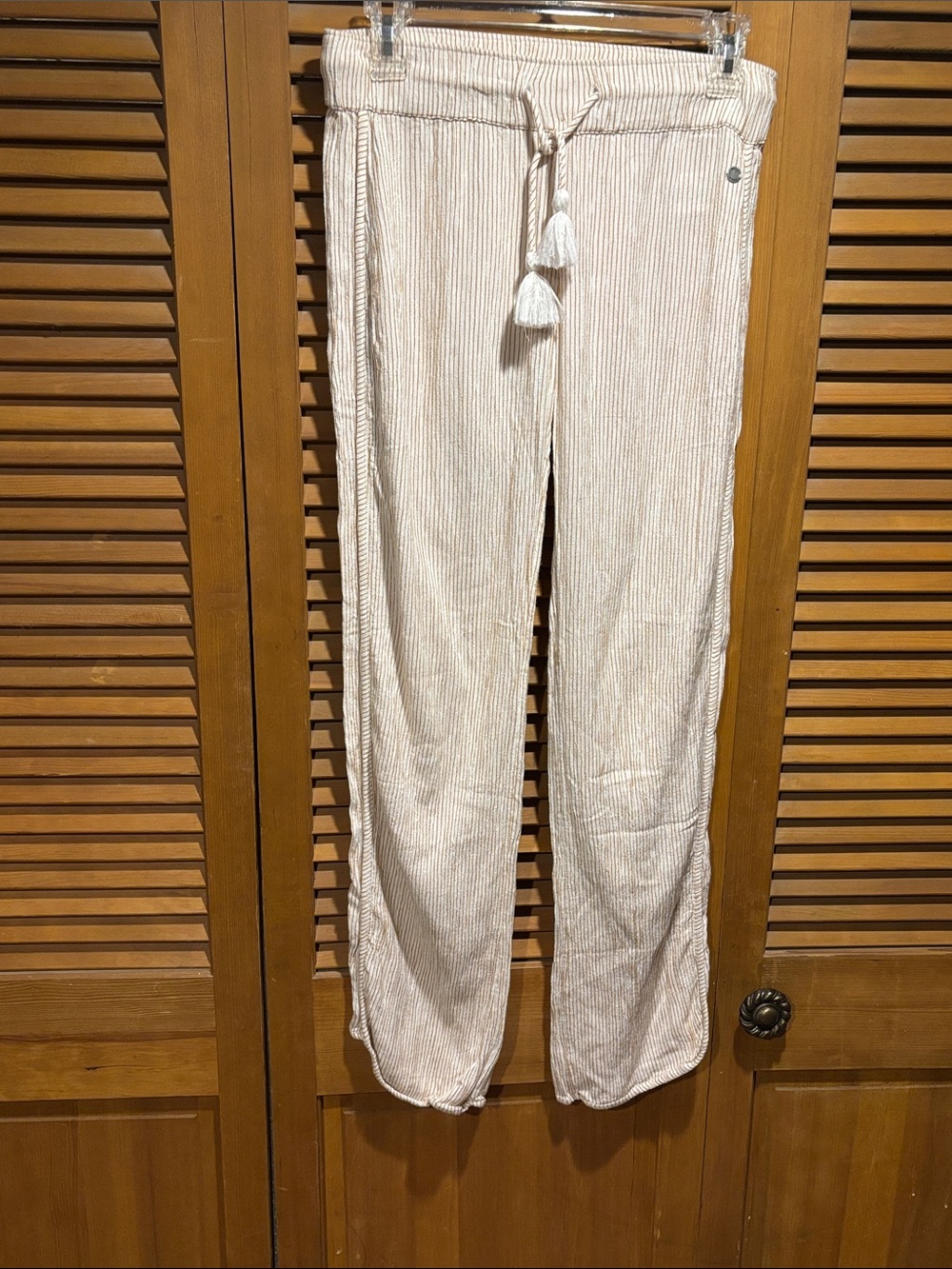 Roxy Cream & Tan Striped Lightweight Fun Beach Summer Drawstring Pants
